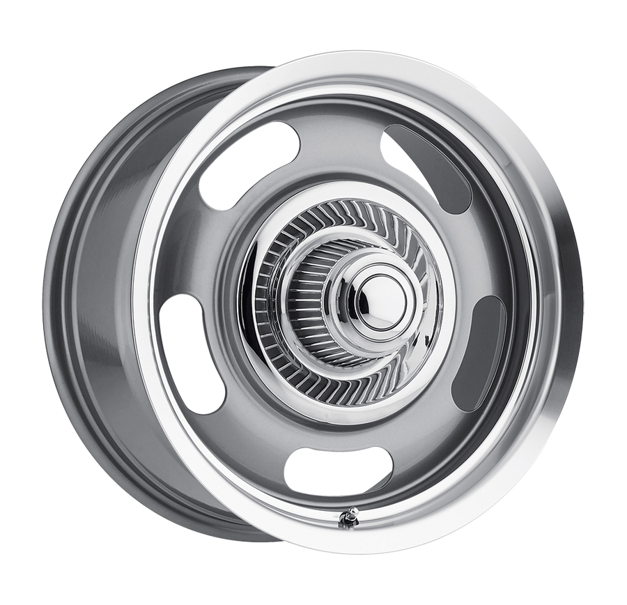 55 Aluminum Rally Gunmetal Machined Lip 17X8, 5x4.5 (5x114.3), 5x4.75 (5x120.65) Bolt Pattern, 4.5 Backspace, 0MM Offset, 55-7804GMML0