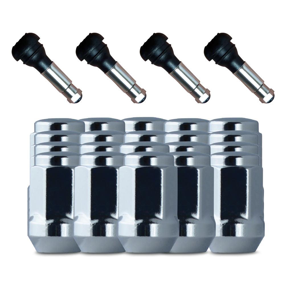 20 Pack of Chrome Acorn Bulge Style Lug Nuts and 4 chrome sleeve rubber valve stems