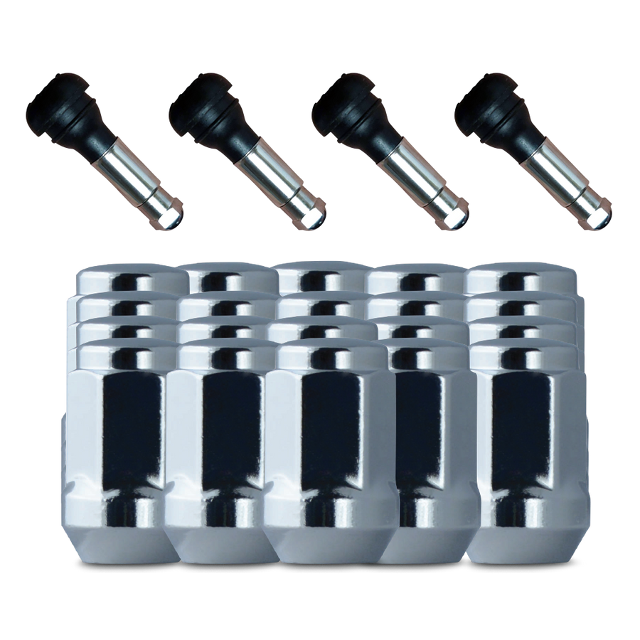 20 Pack of Chrome Acorn Bulge Style Lug Nuts and 4 chrome sleeve rubber valve stems