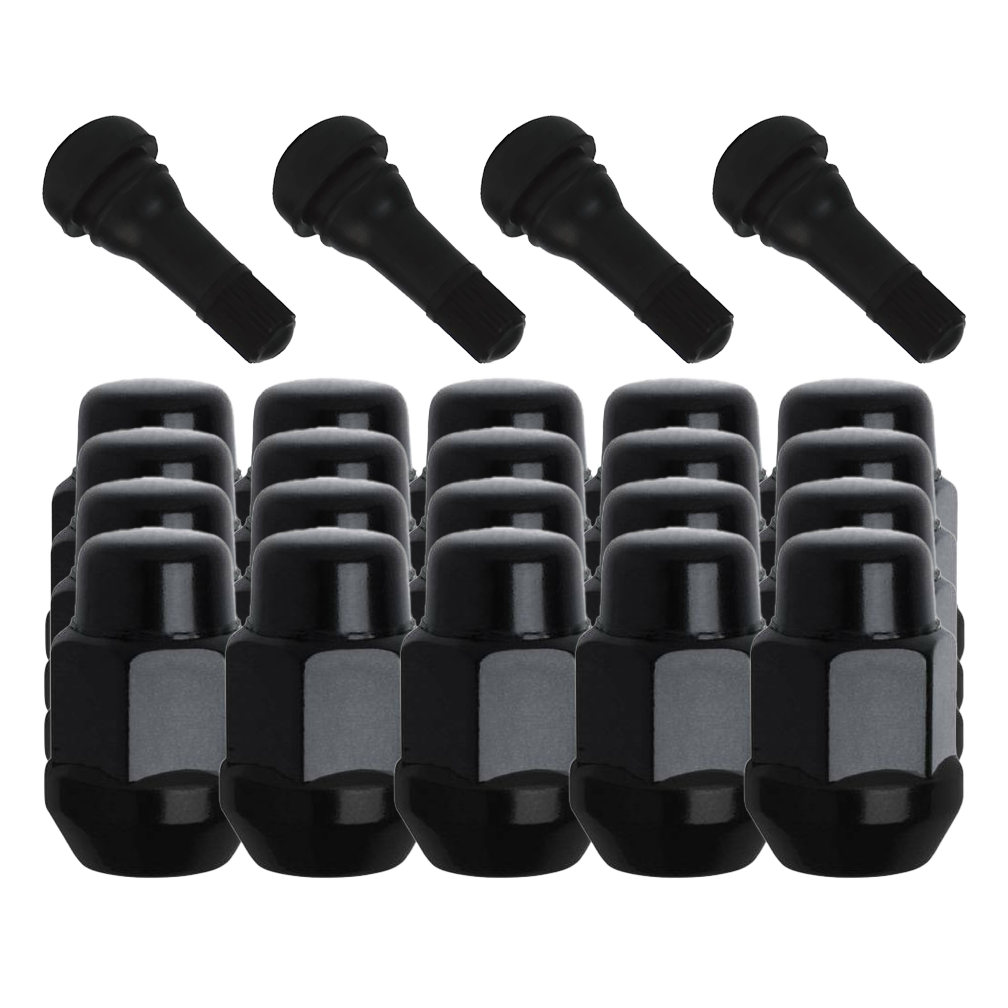 20 Pack of Gorilla Black Acorn Bulge Style Lug Nuts and 4 black rubber valve stems