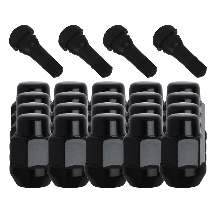 20 Pack of Gorilla Black Acorn Bulge Style Lug Nuts and 4 black rubber valve stems