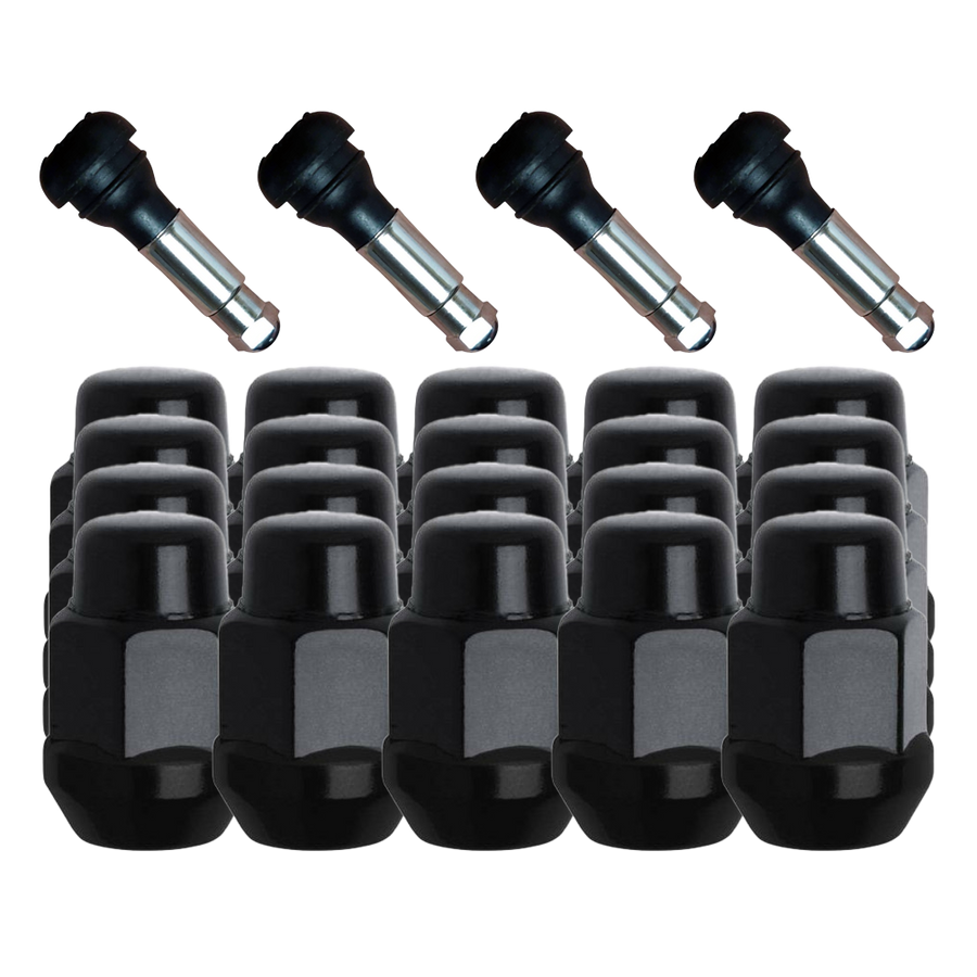 20 Pack of Gorilla Black Acorn Bulge Style Lug Nuts and 4 chrome sleeve rubber valve stems