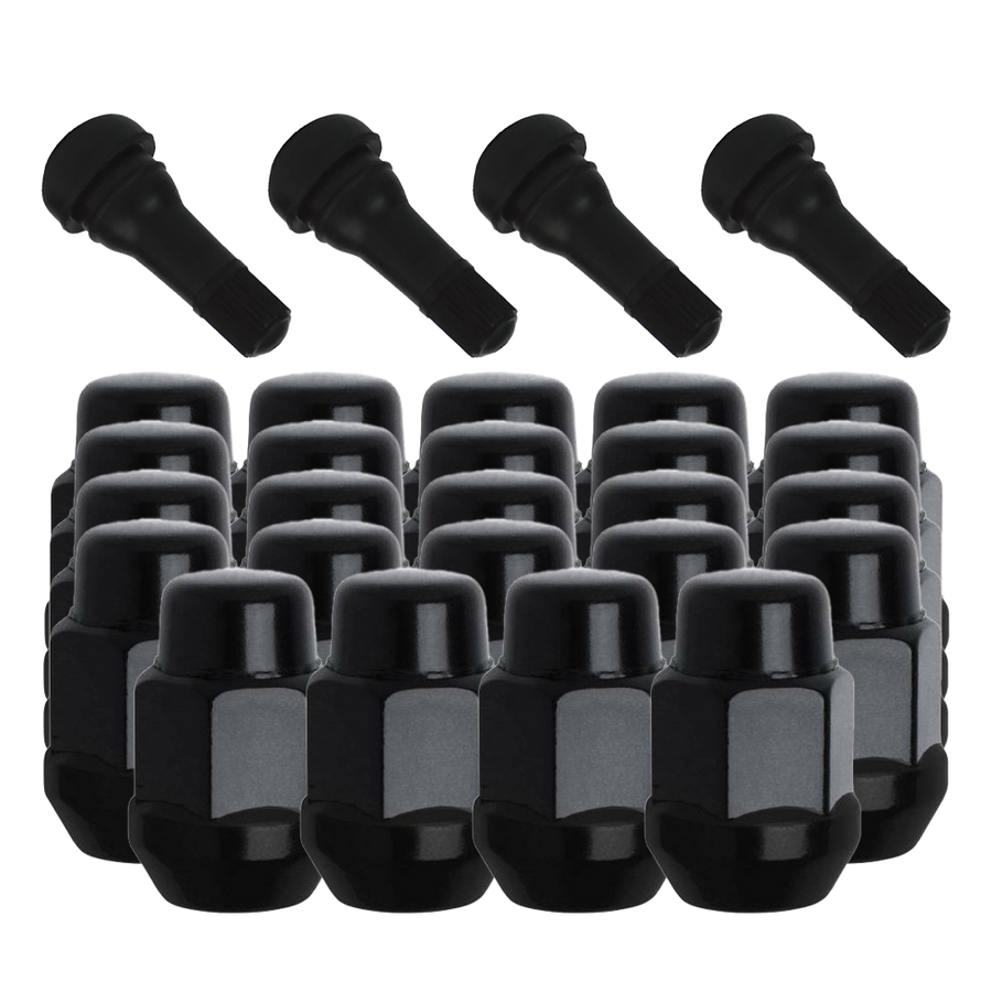 24 Pack of Gorilla Black Acorn Bulge Style Lug Nuts and 4 black rubber valve stems