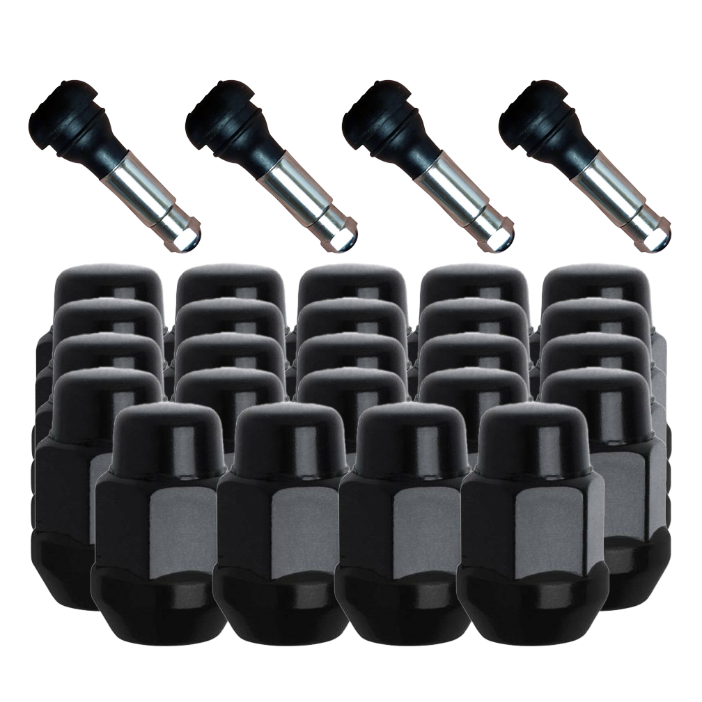 24 Pack of Gorilla Black Acorn Bulge Style Lug Nuts and 4 chrome sleeve rubber valve stems