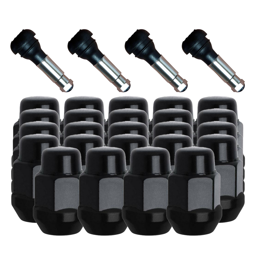 24 Pack of Gorilla Black Acorn Bulge Style Lug Nuts and 4 chrome sleeve rubber valve stems