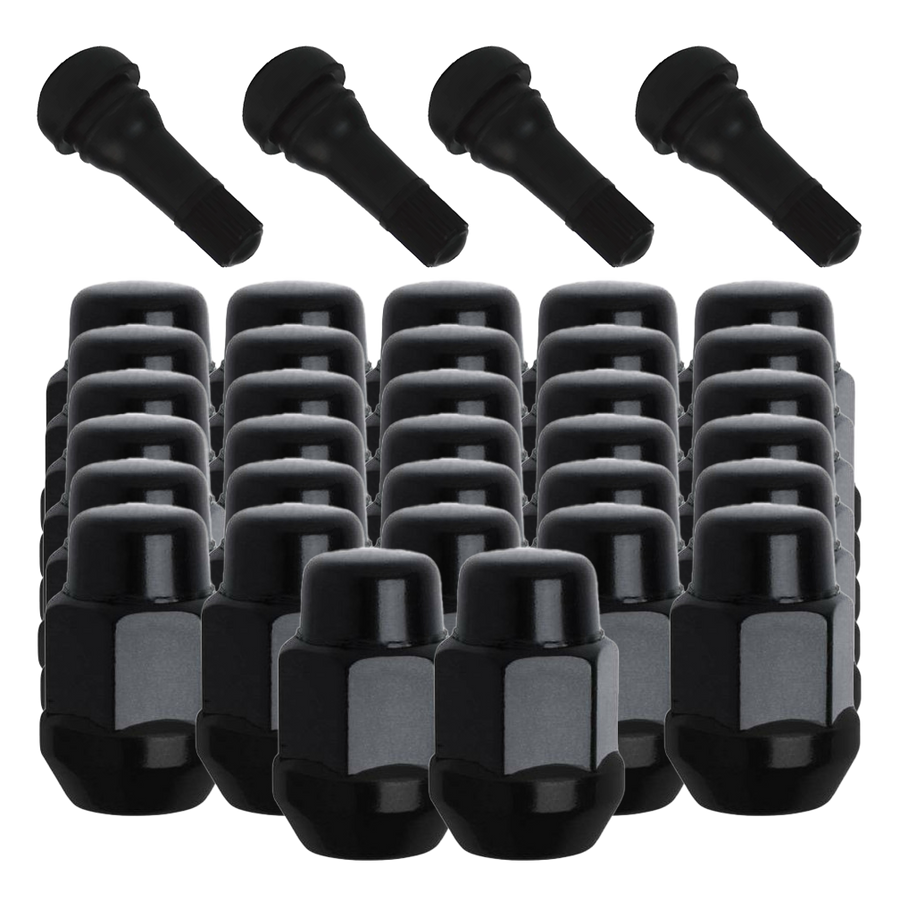 32 Pack of Gorilla Black Acorn Bulge Style Lug Nuts and 4 black rubber valve stems