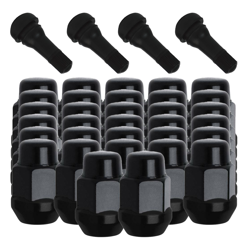 32 Pack of Gorilla Black Acorn Bulge Style Lug Nuts and 4 black rubber valve stems