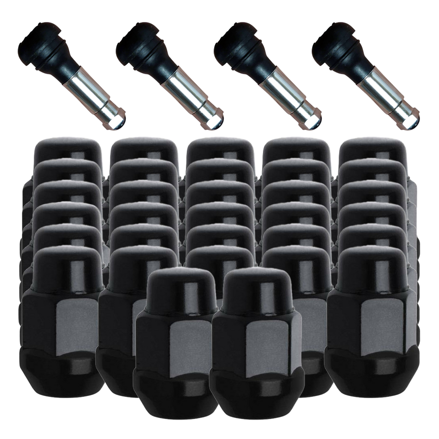 32 Pack of Gorilla Black Acorn Bulge Style Lug Nuts and 4 chrome sleeve rubber valve stems