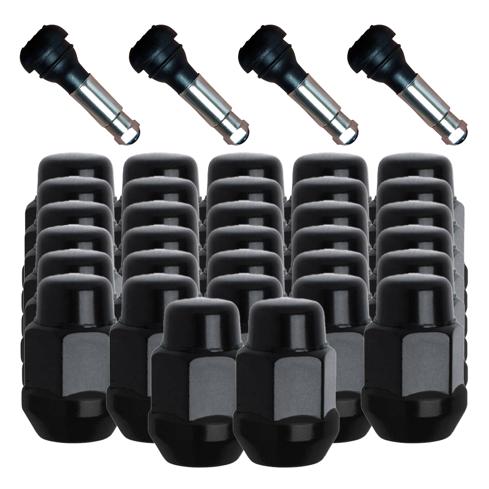 32 Pack of Gorilla Black Acorn Bulge Style Lug Nuts and 4 chrome sleeve rubber valve stems