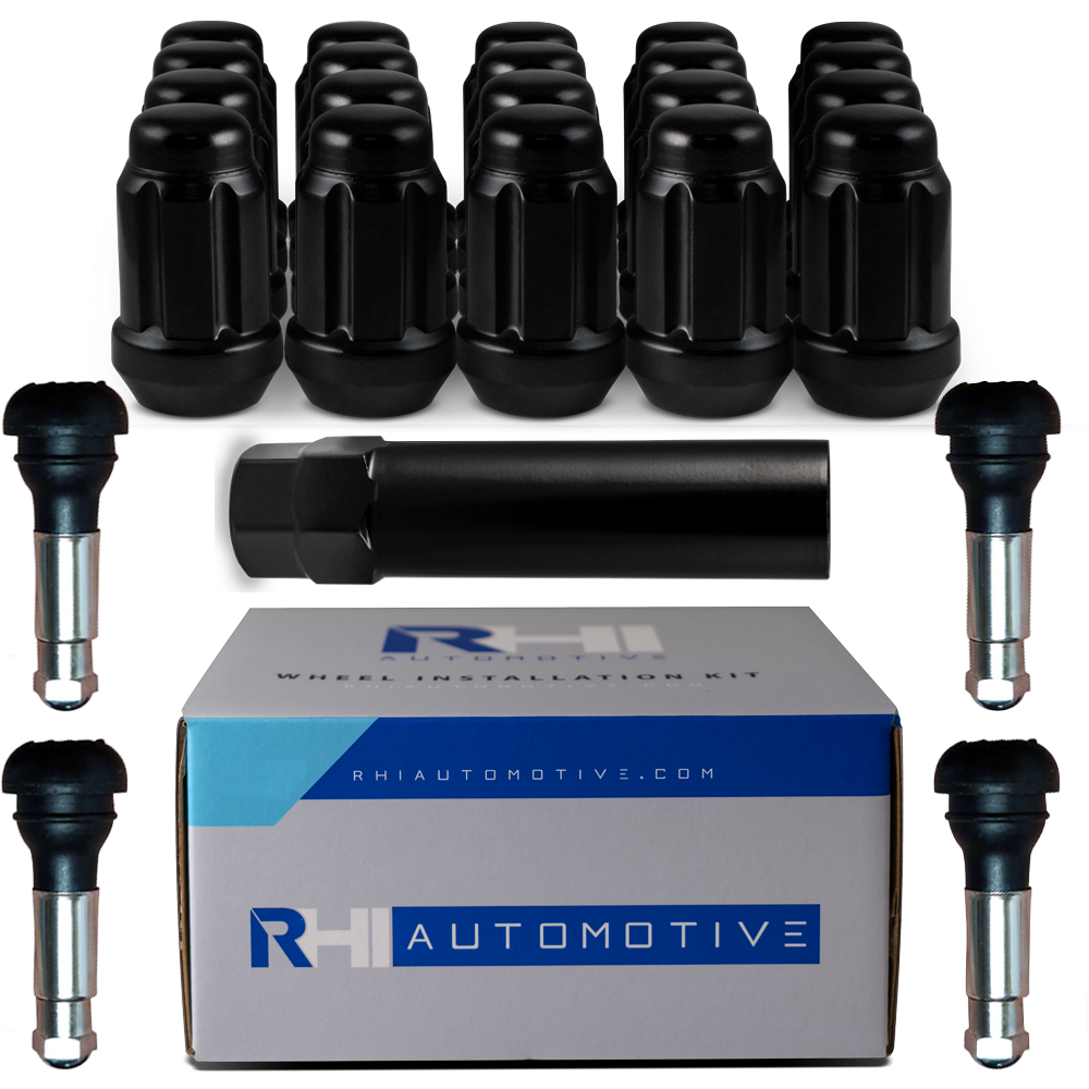 20 Pack RHI Splined Black Acorn Bulge Style Lug Nuts and 4 chrome sleeve rubber valve stems