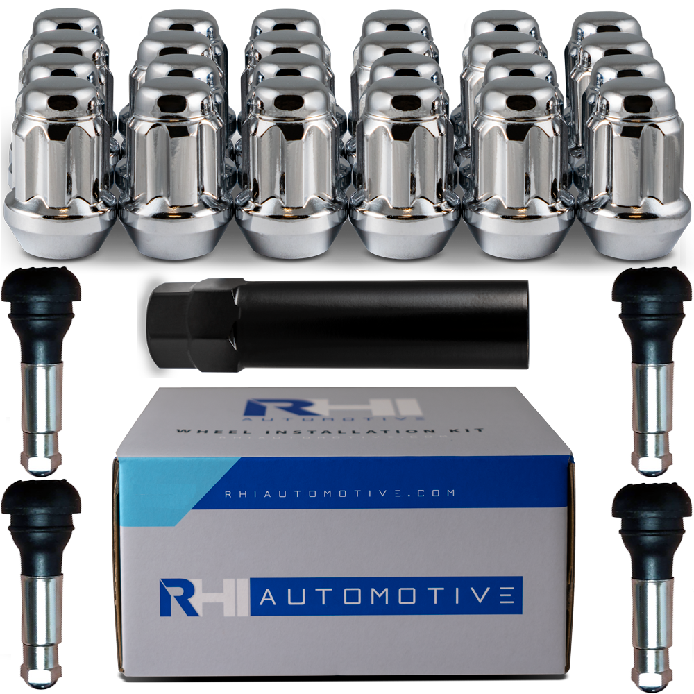 20 Pack RHI Splined Chrome Acorn Bulge Style Lug Nuts and 4 chrome sleeve rubber valve stems