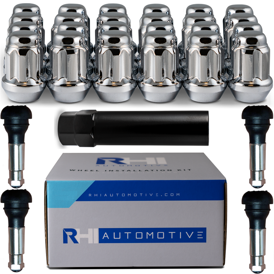 20 Pack RHI Splined Chrome Acorn Bulge Style Lug Nuts and 4 chrome sleeve rubber valve stems